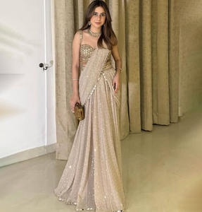 Bollywood Georgette Séquence Saree avec bordure en dentelle perlée et chemisier assorti pour les fêtes de Diwali Achat en ligne à bas prix - Product Image 1