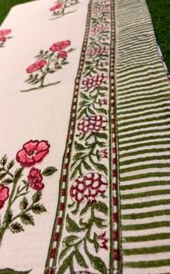 100% Cotton Hand Block Print Rose Floral <b>Towel</b> <b>Set</b> Pink Vine Border Green Stripe Jaipuri <b>Bath</b> Hand <b>Towels</b> Wholesale Bulk Export - Product Image 3