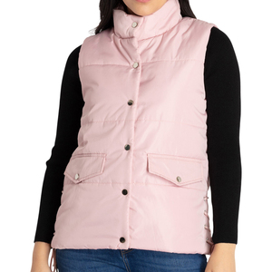 <b>Women</b> Pink Quilted <b>Puffer</b> Vest Stand Collar Button Front Pocket Bodywarmer <b>Gilet</b> Casual Windproof Outerwear - Product Image 1