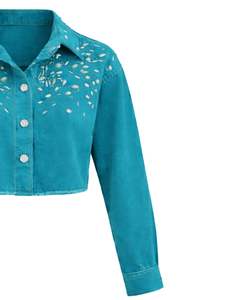 Chaqueta vaquera corta para mujer, color verde azulado, personalizada, con botones en los hombros adornados con pedrería, manga larga, estilo casual urbano. - Product Image 4