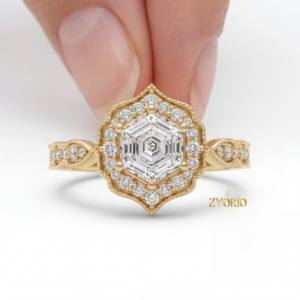 Anillo de Compromiso con Diamante Cultivado en Laboratorio, Forma Hexagonal Atemporal, Detalles Vintage, Oro Sólido de 18K, Regalo de Aniversario, Boda, Fiesta - Product Image 2