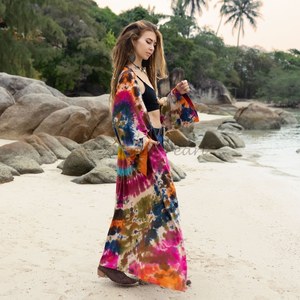 Moderno caliente relajado cuello en V profundo hecho a mano Tie Dye moda verano Resort desgaste vestido de fiesta de noche Boho playa Kaftan Kimono Bata - Product Image 3