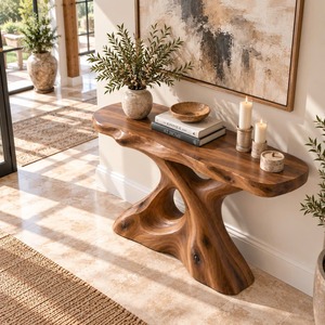 Console moderne rustique en bois massif, design à base croisée fait main, pour entrée et salon - Product Image 2