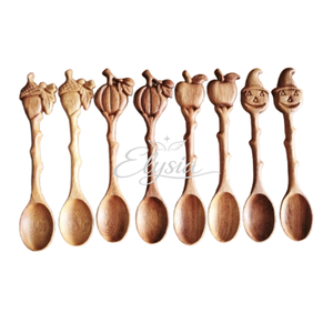 Handcrafted Wooden Spoon with Acorn Pumpkin Apple Halloween Character Handles Natural Wood Carved Decorative Kitchen Utensil - Product Image 1