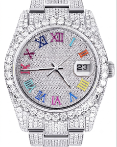 Reloj de lujo para hombre de acero inoxidable con diamantes, números romanos coloridos, movimiento de cuarzo analógico, cierre desplegable, 41 mm - Product Image 1