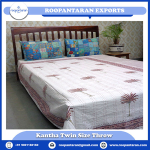 Hand Embroidered Cotton Kantha Twin Quilt <b>Throw</b> Hand Block Printed 150x220 cm Indian Handmade Bedspread Home Export Home Textile - Product Image 2