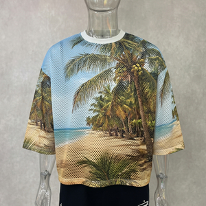 เสื้อยืดแขนสั้นผู้ชายทรงโอเวอร์ไซส์ ลายพิมพ์ชายหาดสไตล์ทรอปิคอล ผ้าถักโพลีเอสเตอร์ระบายอากาศดี สไตล์ลำลอง คอกลม - Product Image 1