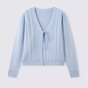 Cárdigan de Punto con Cuello en V para Mujer, Color Crema, Manga Larga, Casual, Otoño, Color Sólido, 100% Acrílico, Diseño con Lazos Suaves - Product Image 6