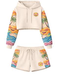 Ensemble crop top et short pour femme, imprimé tropical, manches contrastées, tenue décontractée deux pièces, molleton de coton, vente en gros personnalisée - Product Image 1