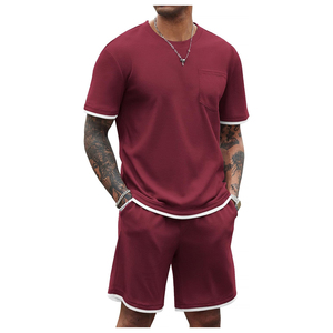 Conjunto de Camiseta y Pantalones Cortos de Punto Waffle de Color Sólido para Hombre, Cuello Redondo, Ropa Casual de Verano, Algodón Transpirable 2026 - Product Image 5