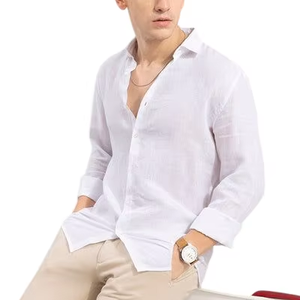 Chemise d'été en lin blanc pour homme - Chemise décontractée écologique à manches longues et col rabattu - Product Image 1