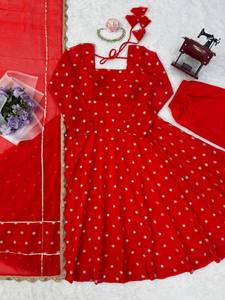 Red Floral Embroidered Indian Pakistani Anarkali Set Long Sleeve Dress with <b>Shawl</b> for <b>Wedding</b> Festival Wear - Product Image 4