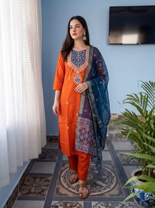 NOIIR PIGEON <b>Womens</b> Cotton Blend <b>Kurta</b> Pant Chanderi Printed Dupatta Set Quick Dry Wrinkle Free Fully Stitched Indian - Product Image 2
