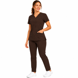Brown Women's <b>Scrub</b> <b>Set</b> With Pockets Elastic Waist Mid Rise Casual Fit Breathable Polyester Pants And Top Spring Wear - Product Image 5