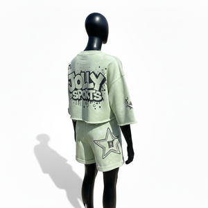 Ensemble court en coton GSM French Terry pour femme, vert pastel, imprimé graphique, logo personnalisé, 100% coton, haut court et short - Product Image 5