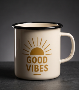 Custom <b>Camp</b> <b>Mug</b> Positive Energy Sun Icon Typography Design Off White Enamelware Bulk B2B Manufacturer Sourcing Hub Network - Product Image 5
