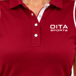 Polo sin mangas color rojo vino para mujer, corte ajustado, con cuello de parche, para equitación y entrenamiento, personalizado, al por mayor, de alto rendimiento. - Product Image 5
