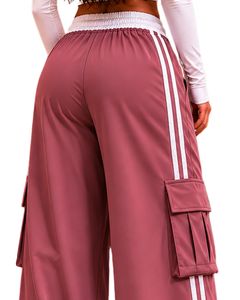 Pantalon de survêtement cargo rose à jambes larges pour femme, taille haute, avec cordon de serrage, poches latérales, style décontracté streetwear, coupe ample - Product Image 5