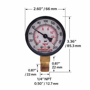 Hydroplus International Analog Pressure <b>Gauge</b> 0-200 psi Gas Brass Bottom Connection Stainless Steel BSP <b>Thread</b> - Product Image 3