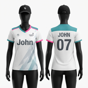 Premium Women Badminton Jersey 160 GSM Moisture Wicking Interlock Polyester <b>White</b> Pink Teal Panel Custom Printed Logo - Product Image 1