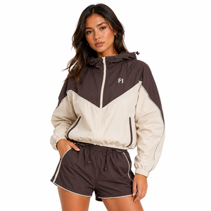 Women's Custom Logo Windbreaker Crop Top Sets Casual Two-Piece Sets Summer Wear with Hooded Collar and Long Tops men's <b>jackets</b> - Product Image 3