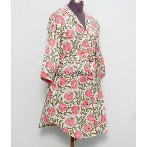 100% Pure Cotton Bohemian Straight Floral Print Long Dress <b>Bell</b> Sleeves Hand Block Printed V-Neck Midi Size Shirt Casual Summer - Product Image 3