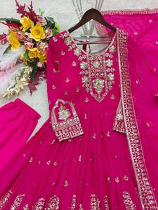 Robe Anarkali en rayonne brodée rose avec dupatta, longueur ras du sol, tenue traditionnelle indienne et pakistanaise pour femmes, robe de mariage - Product Image 6