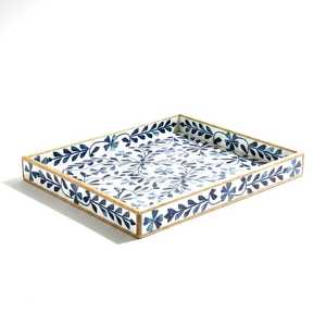 Handmade Bone Inlay Serving Tray, Blue Floral Decorative Tray, Wooden Ottoman Tray, <b>Coffee</b> <b>Table</b> Organizer, Vanity Display Tray - Product Image 1