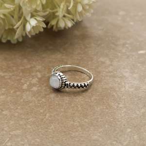 Dainty Oxidized Natural Brass 925 <b>Silver</b> Plated Rainbow Moonstone Bezel <b>Set</b> Unisex Boho Stackable Ethnic Band <b>Ring</b> - Product Image 4