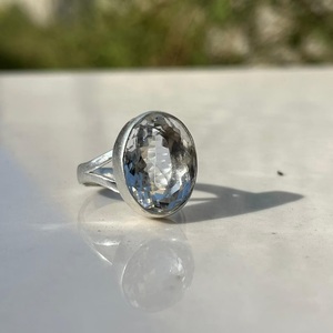 Oval Cut <b>Crystal</b> Cocktail <b>Ring</b> 925 Silver Bezel Setting Classic Unisex Everyday Wear Jewelry - Product Image 2