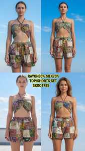 Nuevo Conjunto de Moda de Alta Gama, 70% Seda, 30% Rayón, Estampado Floral, Cuello en V, Estilo Vintage, Conjunto de Pantalones Cortos a Juego, Transpirable y Ecológico para Mujer - Product Image 4