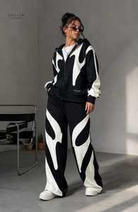 Conjunto Deportivo para Mujer, Negro y Blanco, Estampado Geométrico, Transpirable, Ligero, con Capucha, Cierre de Cremallera, Corte Holgado, Estilo Urbano - Product Image 2