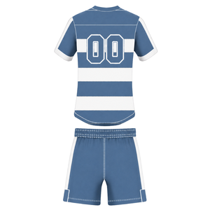 Steel <b>Blue</b> <b>White</b> Short Sleeve Rugby Uniform Set Crew Neck <b>Striped</b> Rugby Jersey Drawstring Shorts Athletic Performance Training - Product Image 2