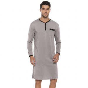 Chemise de nuit en tricot à manches longues et col en V pour homme, couleur gris, avec poche, 100% coton, vêtements décontractés pour la maison, toutes saisons, écologiques - Product Image 1