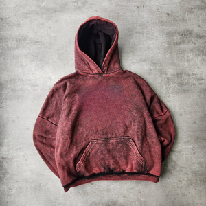 Sudadera con Capucha Oversize para Hombre, Roja, Teñida, de Felpa Francesa, Informal, para Otoño, Manga Regular, Tejida, con Bolsillos, Diseño Sólido - Product Image 4