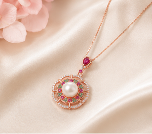 Collier de luxe en argent sterling 925 plaqué or rose avec pendentif fleur en perle et pierres multicolores en zircon cubique pour femme, bijoux raffinés - Product Image 5