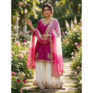 Meilleure collection de vêtements de style indien pour les occasions festives, vêtements de créateur, crêpe français pur et naturel avec broderie de sequins, ensemble sharara - Product Image 1