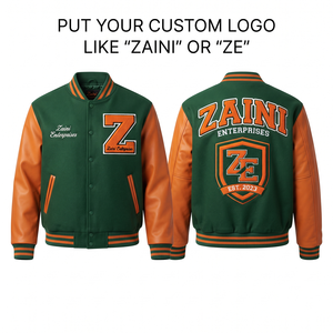 Veste de sport ZAINI ZE-330 en mélange de laine premium coupe-vent 350 GSM, corps vert, manches en cuir PU orange, broderie chenille personnalisée - Product Image 1