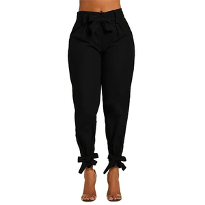 High Waist Olive Green Satin <b>Harem</b> Pants With Bow Ties At Waist And Ankles Casual Ankle-Length Women's <b>Trousers</b> - Product Image 2