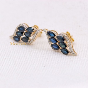 Wholesale 14k Yellow Gold Natural Marquise <b>Blue</b> <b>Sapphire</b> Diamond Wing Ear Climber <b>Earrings</b> Memoria Jewels - Product Image 4