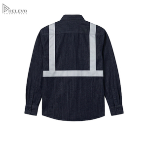 Chemise de travail de sécurité en denim foncé personnalisée OEM, 100% coton, avec deux poches à rabat sur la poitrine, coutures argentées, bande réfléchissante - Product Image 4