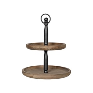Plateau de service rustique en bois à 2 niveaux avec poignée métallique, support à cupcakes à étages style ferme pour comptoir de cuisine, bar à café et événements saisonniers - Product Image 5