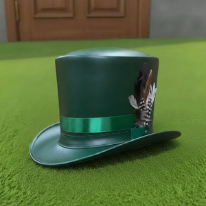 Premium quality custom made Handmade Green Leather <b>Top</b> Hat Steampunk Victorian Cosplay with <b>Feather</b> Detail - Product Image 3