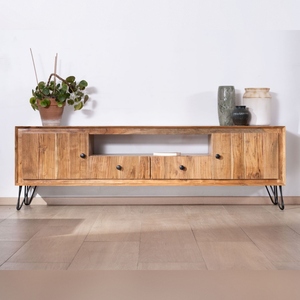 Meuble TV grand format Vandana Silver Texture 195 cm en bois d'acacia avec façades embossées et pieds en métal Wendy - Product Image 4