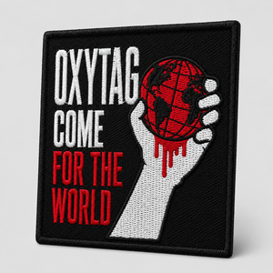 Patch brodé Oxytag Come For The World, carré, thermocollant, avec motif globe, texte rouge et blanc sur fond noir - Product Image 2