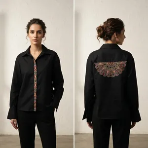 Conjunto de Camisa y Pantalones Bordados Negros para Mujer, Manga Larga, Cuello con Solapa, Puños Decorativos, Diseño Elegante, Ropa Casual de Oficina - Product Image 5
