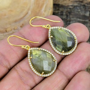 Natural Labradorite With CZ Pear Shape Gemstone Handmade <b>Hook</b> <b>Earrings</b> 18k Gold Micron Over 925 Sterling Silver - Product Image 4