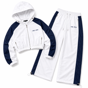 ONEAPEX <b>Women's</b> <b>White</b> Navy Hooded Windbreaker <b>Tracksuit</b> Quick Dry 100% Polyester Waterproof Zipper Jacket Full-Length Wide Leg - Product Image 2