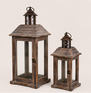 Rustic Wooden Candle <b>Lantern</b> <b>Set</b> of 2 with Metal Top Vintage Distressed Wood Floor <b>Lanterns</b> for Farmhouse Home Decor & Lighting - Product Image 3