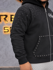 Men's <b>Black</b> <b>Zip</b>-<b>Up</b> <b>Hoodie</b> Rhinestone Embellished Casual Hooded Sweatshirt Regular Fit French Terry Cotton <b>Zip</b> <b>Up</b> <b>Hoodie</b> - Product Image 5